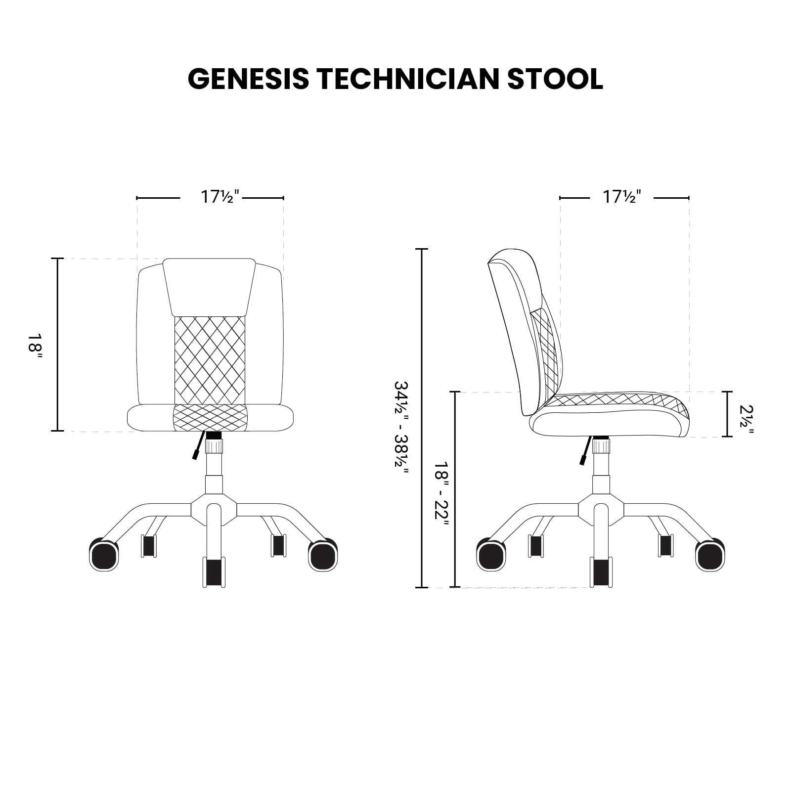 Genesis Task Stool Armless Desk Chair, 18"-22" Adjustable Height for Home Office, Bar, Manicure Technician Stool Nail Salon, Black
