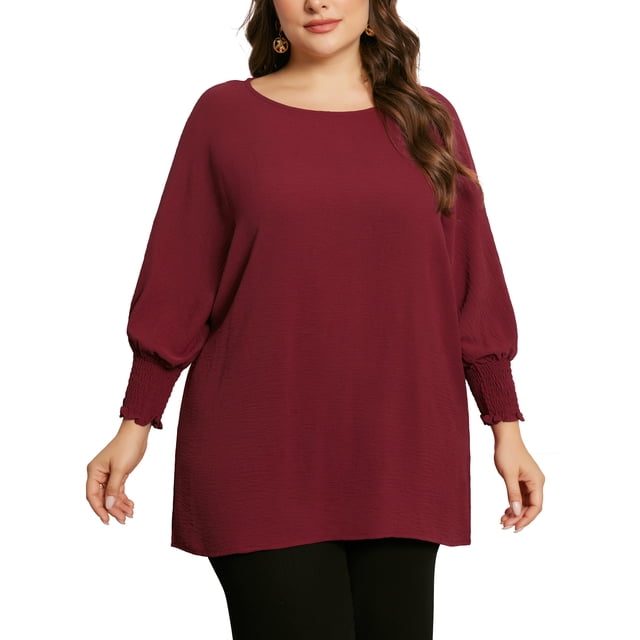 Blusas de chiffon de talla grande para mujer Agnes Orinda, con mangas largas de murciélago y volantes, camisetas sueltas casuales 4X color burdeos