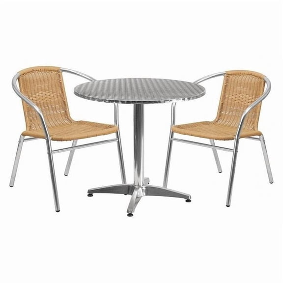 Flash Furniture 31.5'' Round Aluminum Indoor-Outdoor Table Set with 2 Beige Rattan Chairs
