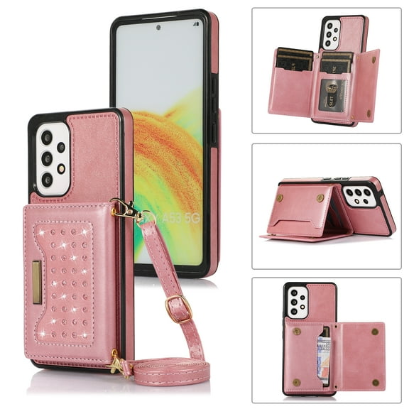 Decase for Samsung A53 5G Case,Leather Wallet Case with Lanyard Detachable Strap Designs for Girls Women Bling with Kickstand Card Slots Cover Protective Phone Case for Samsung Galaxy A53, Pink