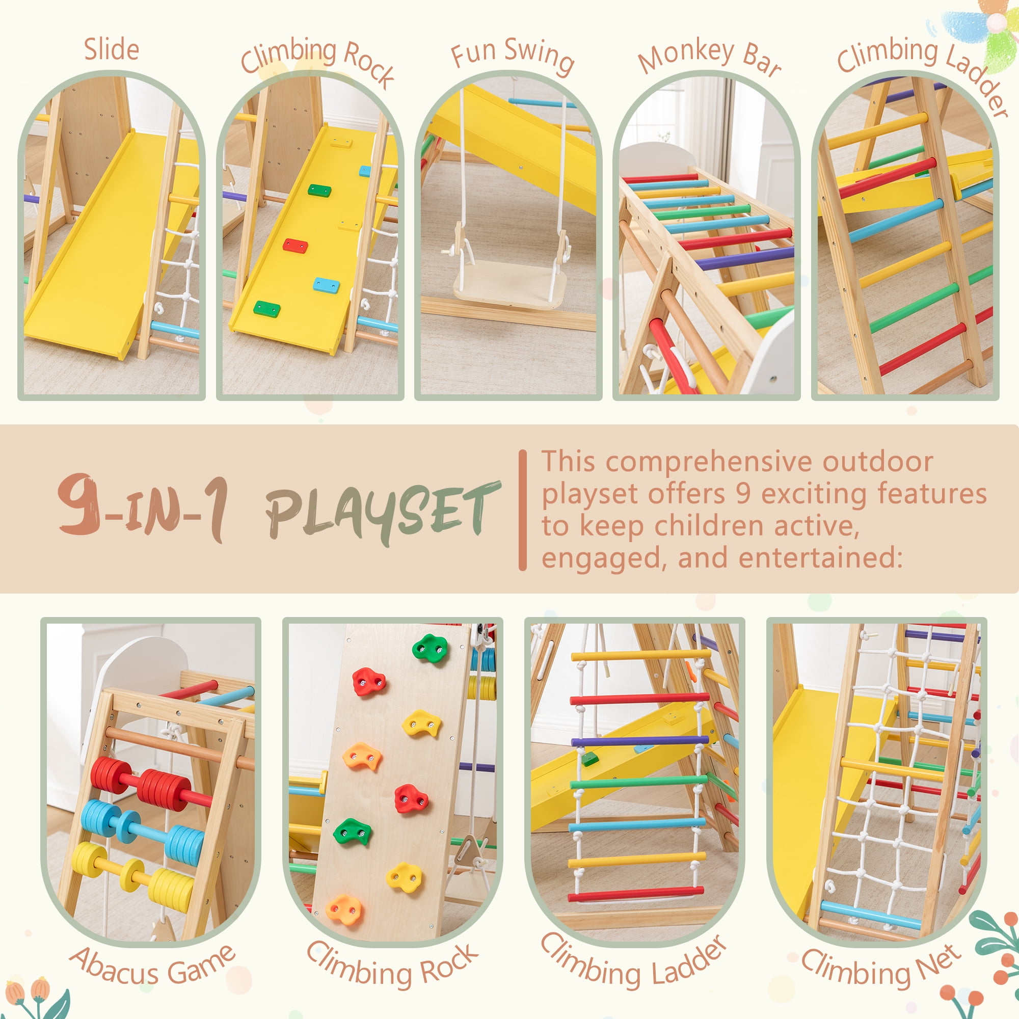 9 in 1 Foldable Kids Climbing Frame & Slide, Wooden Toddler Playground with Swing, Monkey Bars, Climbing Rock, Abacus Game, Indoor Outdoor Playset for Ages 3+, Natural Wood, 176LBS Capacity