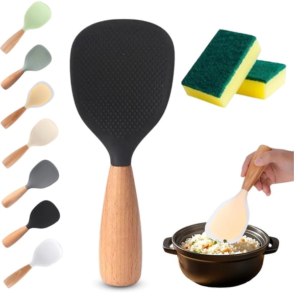 2026 New Short Wooden Handle Silicone Spatula, Multifunction Standing Cooking Spoon and Rice Spoon, Great for Cooking, Mixing, Scoop, Scrape, Non Stick Heat Resistant (BLACK)