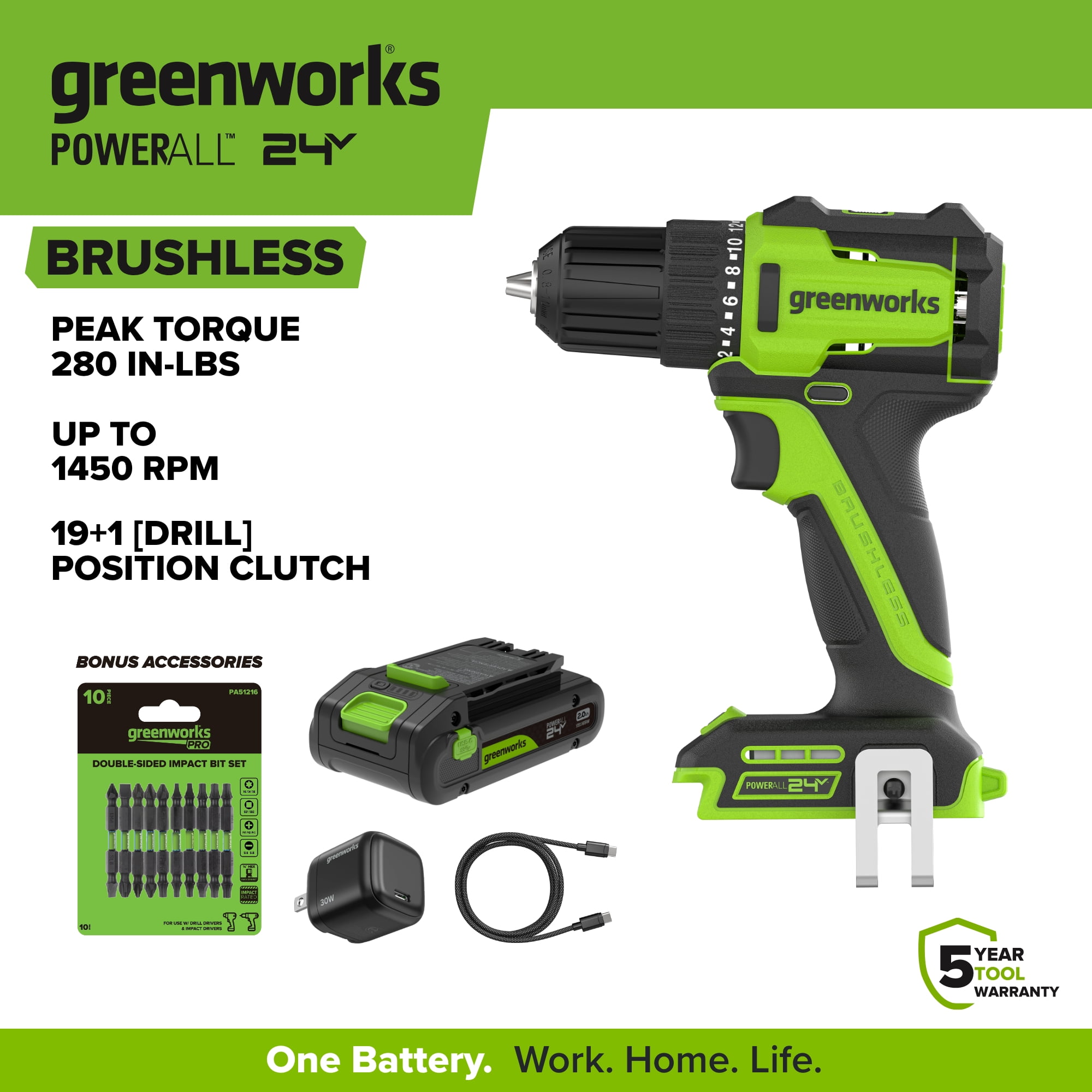 Greenworks 24V 3/8" 280 in-lb Drill, with 2 Ah USB-C Battery, Included 10 Pc Double Side Impact Bit Set, DD330A7