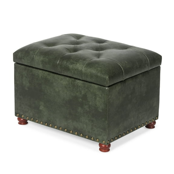Adeco  Classy Rectangle Storage Bench Natural Fabric Footstool Ottoman Green