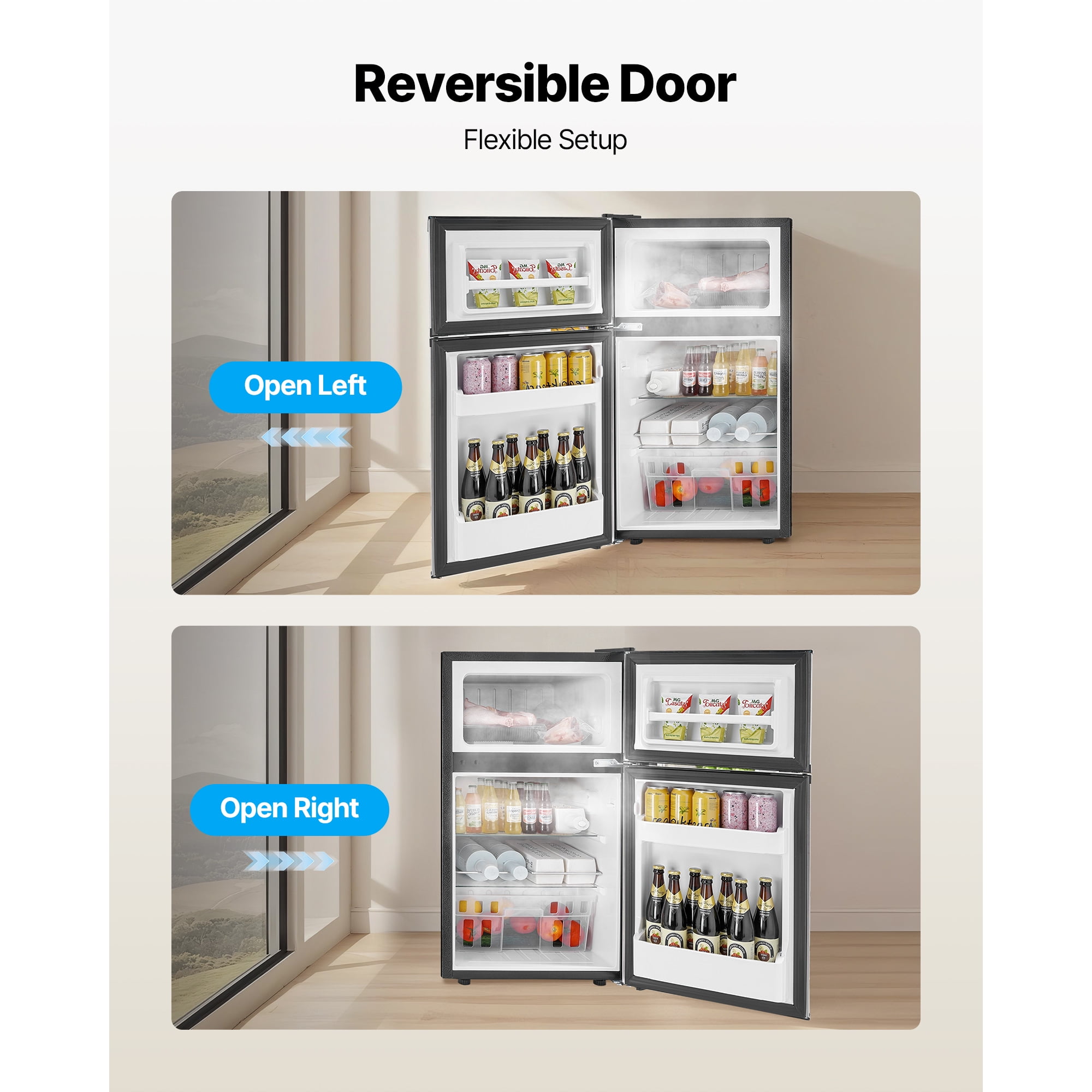 KFFKFF Compact Mini Fridge with Freezer, 3.2 Cu.Ft, Dual Door Refrigerator, Adjustable Temperature Control, Energy-Saving Design, Reversible Door, Quiet Operation, Ideal for Bedroom, Dorm, Office