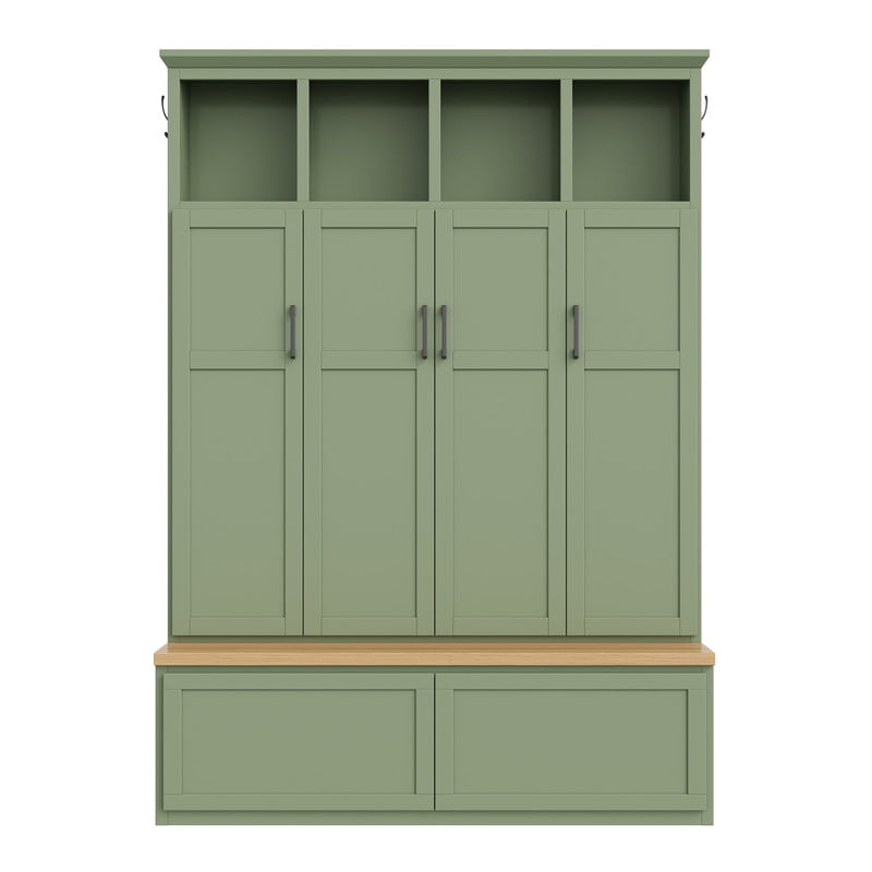 Modern Farmhouse Hall Tree with Bench and Storage Cabinets, Entryway Coat Rack with 6 Hooks, 4 Hidden Cabinets, Drawers and Open Shelves, Mudroom Organizer for Hallway, Living Room