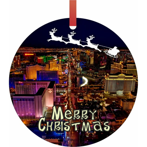 Santa And Sleigh Riding Over Las Vegas Tm Double Sided Round Shaped Flat Aluminum Christmas Holiday Hanging Ornament With A Red Satin Ribbon Made In The Usa Walmart Com Walmart Com
