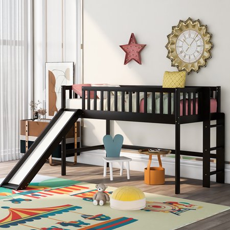 Low Loft Bed with Slide  Twin Size Wood Loft Bed Frame with Ladder and Guardrails Bed Frame with Headboard and Footboard Sleep Furniture for Boys Girls Teens No Box Spring Needed  Espresso