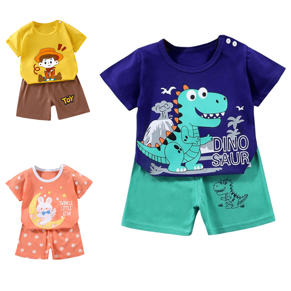 Lovzfmll 2-Piece Character Print Short Set, Short Sleeve Round Neck Top & Elastic Shorts for Boys & Girls, Casual Outfits for Toddler 1-2 Years