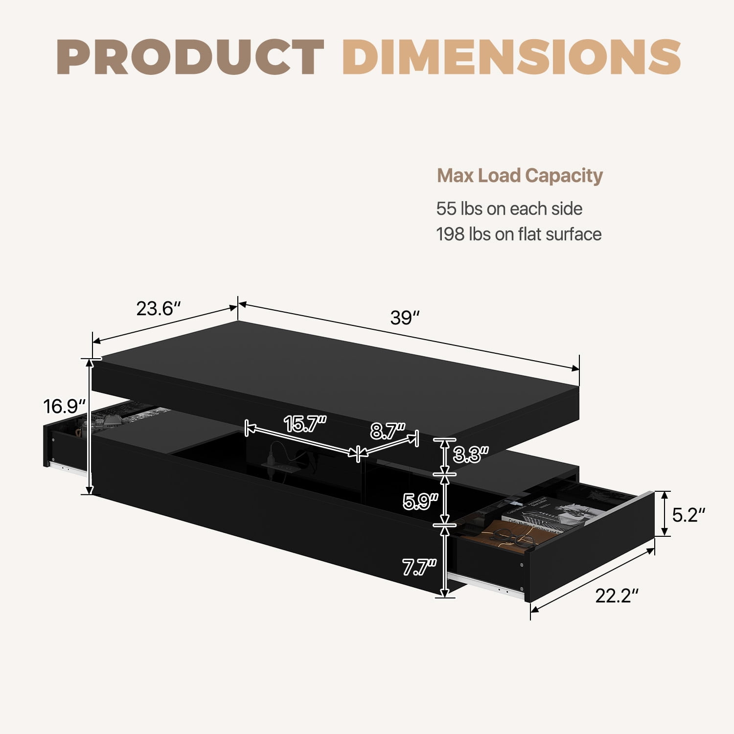 BaPiPro LED Coffee Table with 2 Storage Drawers, Modern Center Table with USB Charging & Smart Control for Living Room, 39" Black