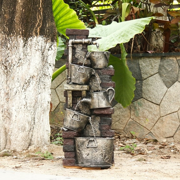 5-Tiered Water Fountain Outdoor 39.37''H Faucet Indoor Waterfall Garden Fountains Farmhouse Water Feature for Backyard Patio Lawn Home Decor with LED Lights