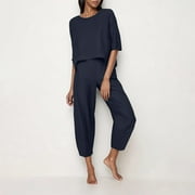 NDBULD Womens Fashion 2 Piece Outfits Short Sleeve Tops Set Matching Shorts Loungewear Tracksuit Lounge Sets Deal of The Week Dark Blue M