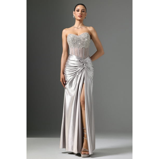 Vestido Denny Maxi sin tirantes con lentejuelas y abertura alta para mujer