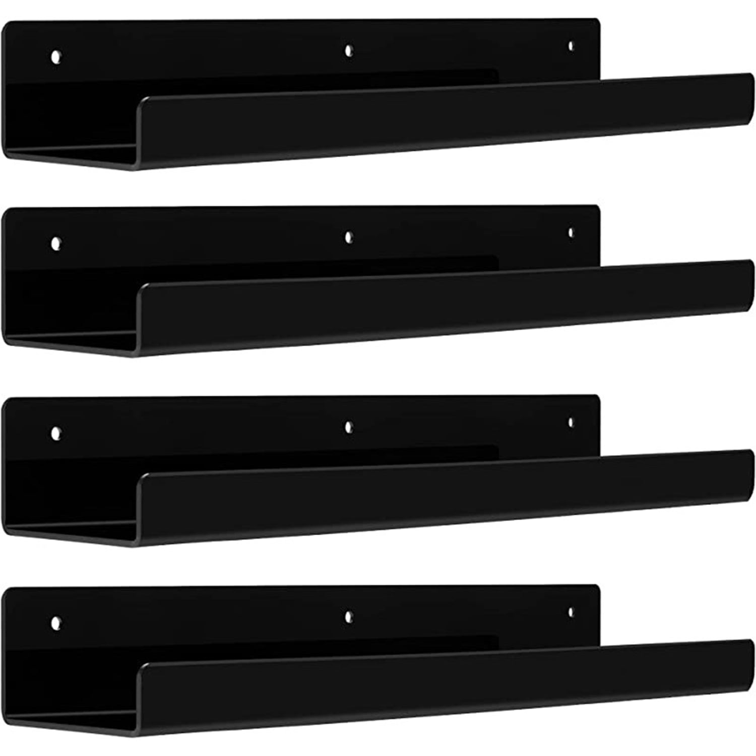 Set of 4 Wall Shelf Wall-Mounted 15" Black Acrylic Floating Shelves W/Guardrail, Nail Care Kit Holder