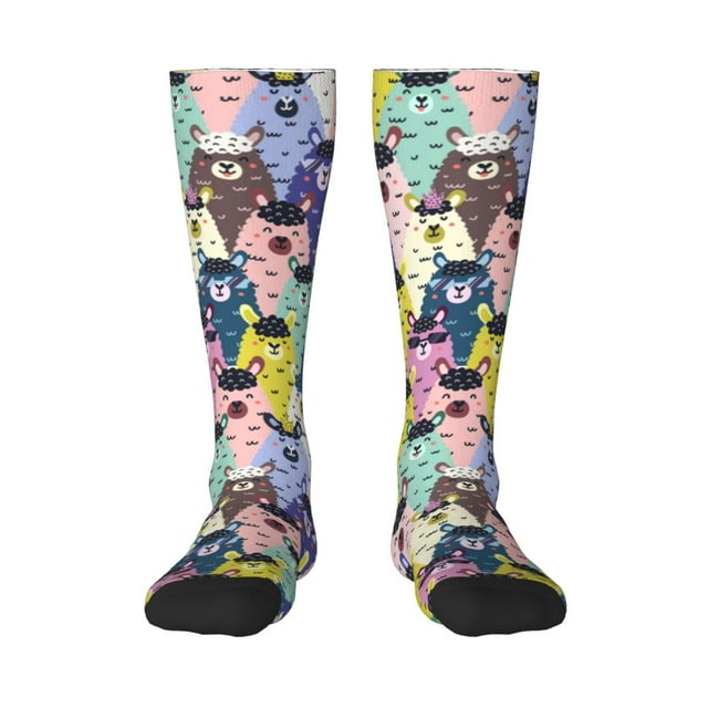 Xecao Llamas Colorful Pattern Adult Stockings with Color-Block Design and 3D Print, Breathable Comfortable Hosiery for Daily Wear and Sports
