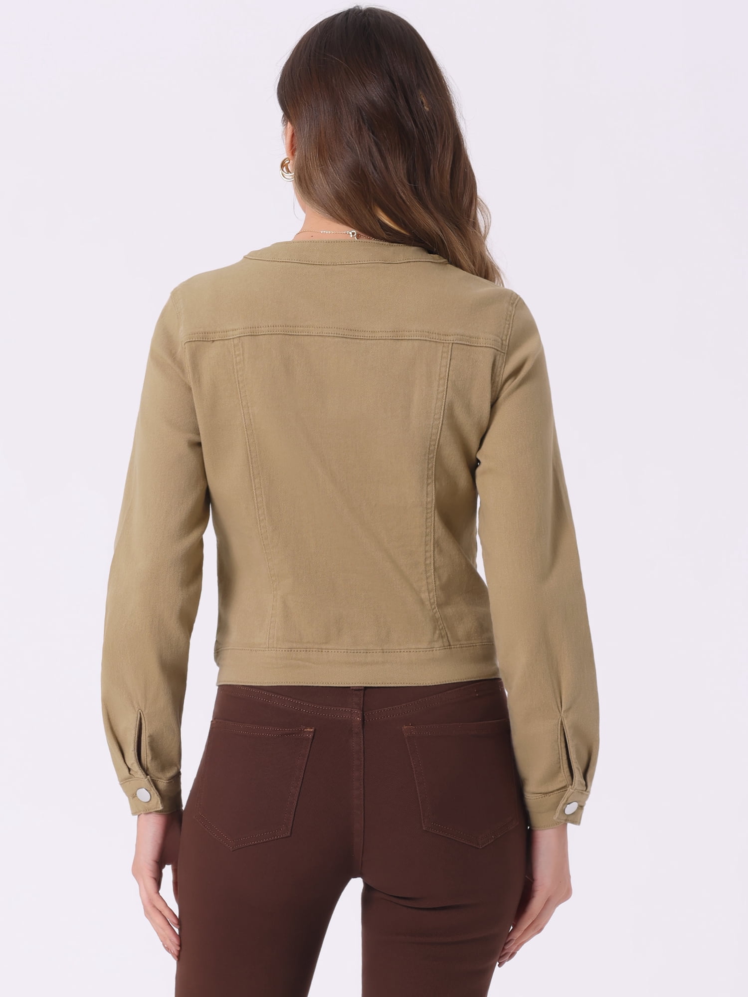DARING DIVA Women's Button Down Collarless Cropped Denim Jacket M Khaki