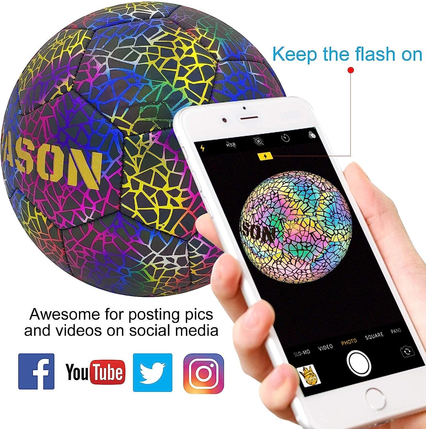 KPASON Soccer Ball, Holographic Soccer Ball Size 5 with Pump and Bag, Reflective Glowing Soccer Ball for Boys, Girls, Youth, and Adult Night Games
