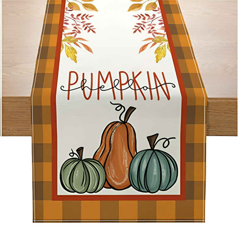 Fall Plaid Table Runner - Pumpkin Maple Leaves Autumn Harvest Decor 13x72 Inch Thanksgiving
