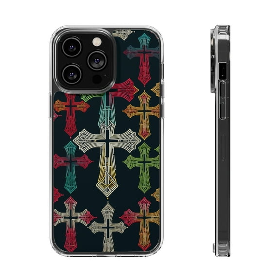DistinctInk Hybrid (Acrylic / TPU) Clear Slim Fit Case for Apple iPhone 15 Pro (6.1" Screen) - "Vibrant Hand-Drawn Christian Crosses on Black Background"