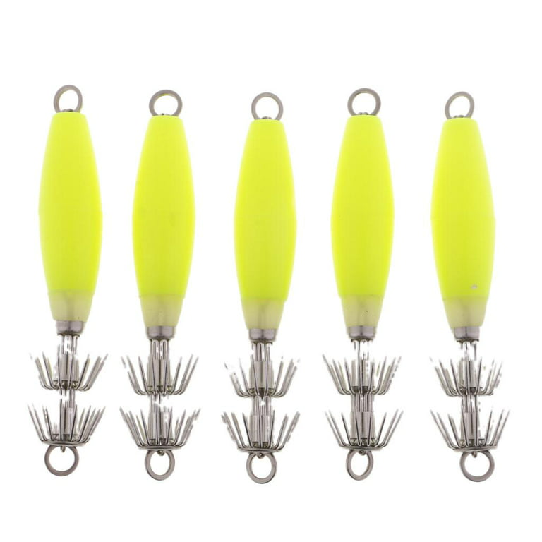 5pcs Fluorescent Squid Hooks, Fishing Squid Cuttlefish -Fish S for Freshwater Saltwater , Yellow, Size: 10 cm