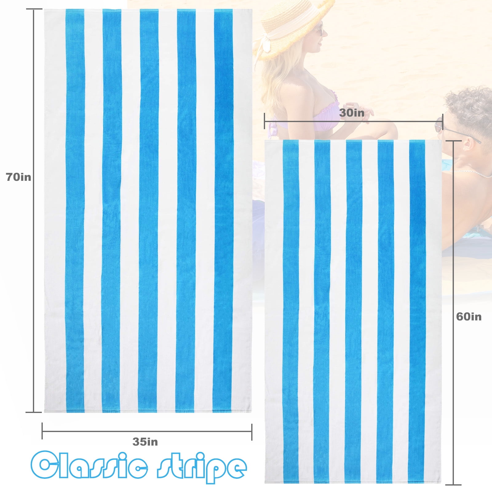 Exclusivo Mezcla 4-Pack Cotton Oversized 35"x70" Cabana Stripe Beach Towels, Super Absorbent Soft Plush Pool Towel, Bath Towel (Blue)