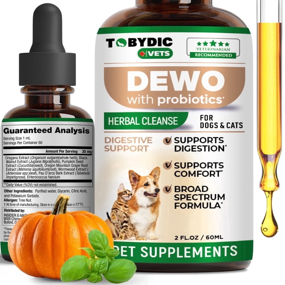 Tobydic Herbal Intestinal Cleanse - Digestive Support Drops with Probiotic for Dogs and Cats - Pumpkin, Black Walnut, 2 fl oz