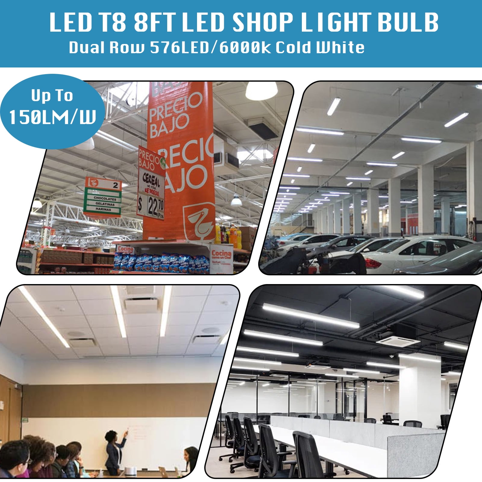(12-Pack), 8FT LED Shop Light Fixture, Super Bright 100W 6000K Cold White 15000LM, 8 Foot Led Lights, Flat 2 Rows Flat Shape 96" LED Shop Lights,Linkable T8 LED Tube Lights for Garage Warehouse