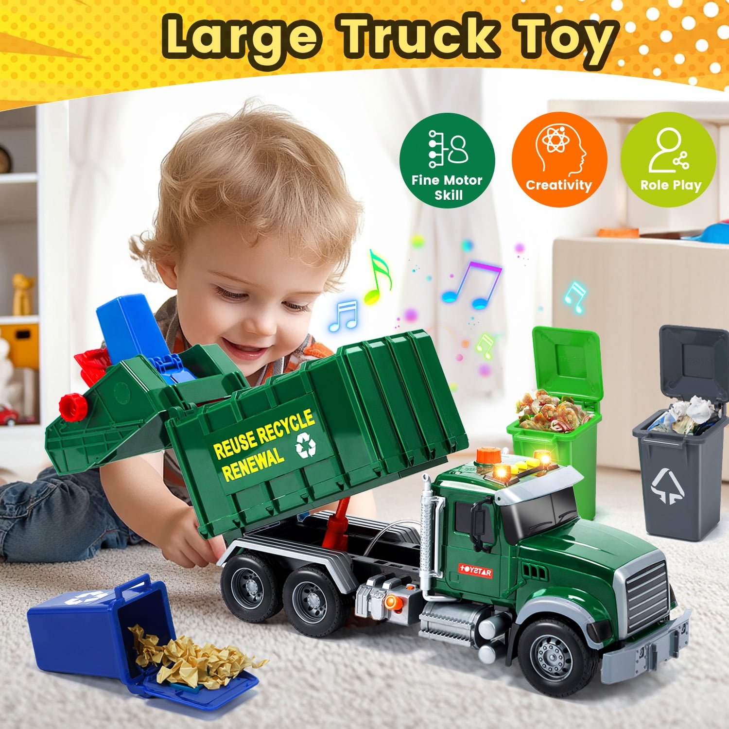 JoyStone Kids Garbage Truck Toy, Friction Powered Recycling Truck with Lights & Sounds, Lift & Rotating Trash Bin Function, 3 Trash Bins, Interactive Toy for 3-8 Years Old