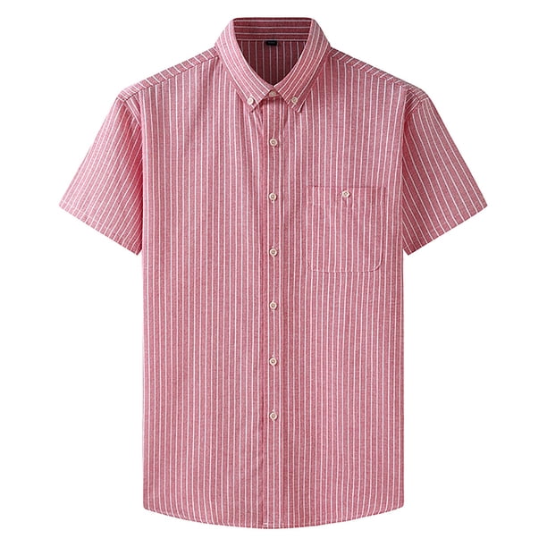 Mens Manga Corta Botón Abajo Camisas Negocios Turndown Cuello Raya Camisa de Bolsillo, Blusa de Manga Corta