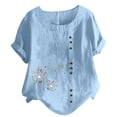thumbnail image 2 of Rollbacks & More GaThRRgYP Spring Tops for Women 2025,Womens Summer Tops Plus Size,Women's Short Sleeved Casual Plus Size Round Neck Printed Loose Button Cotton Linen Top, 2 of 5