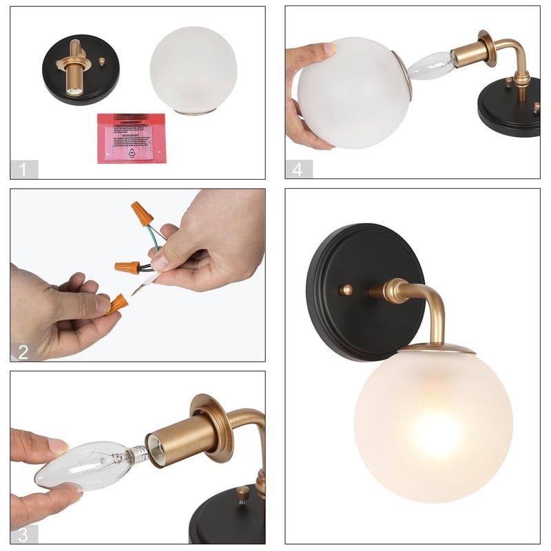 LNC Globe Wall Sconce,Modern Frosted Glass Wall Light,Black Gold Finish for Bedroom,Bathroom