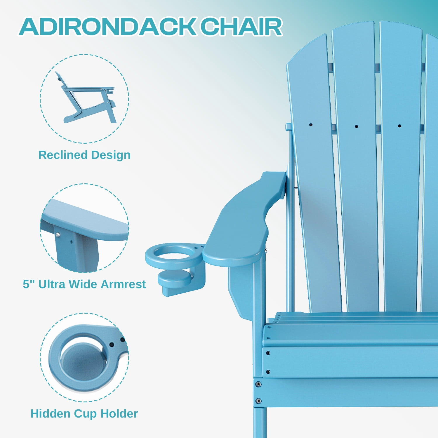 FODINGHILL Outdoor Folding Adirondack Chair set of 2, HDPE All Weather Patio Chair with Cup Holder for Deck Backyard Garden, Arctic