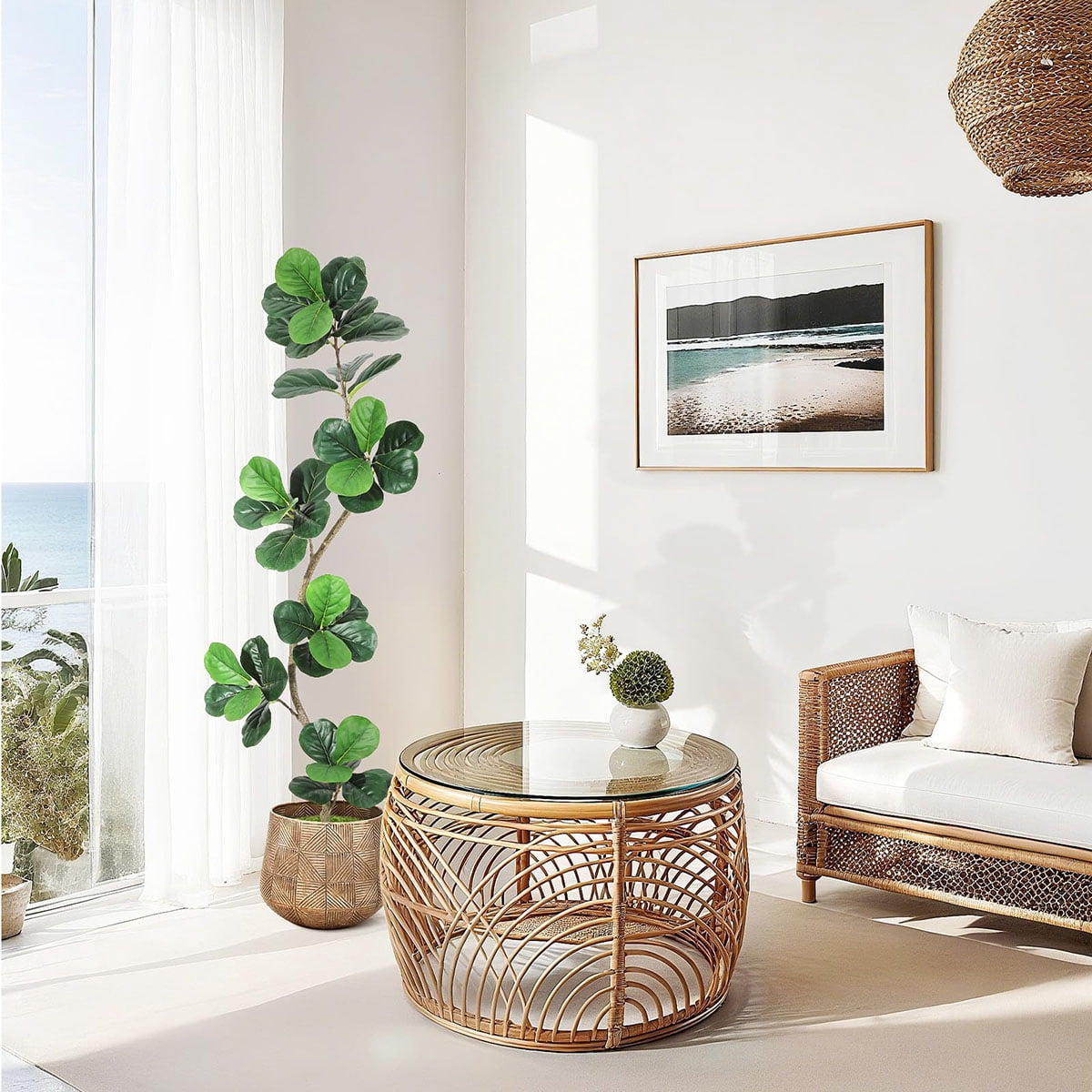 Ataucjin 5ft Fiddle Leaf Fig Artificial Tree, Faux Plants Indoor with Moss&White Planter, Fake Rubber Tall Fake Floor Plant in Pot,Artificial Trees for Home Office Living Room Decor