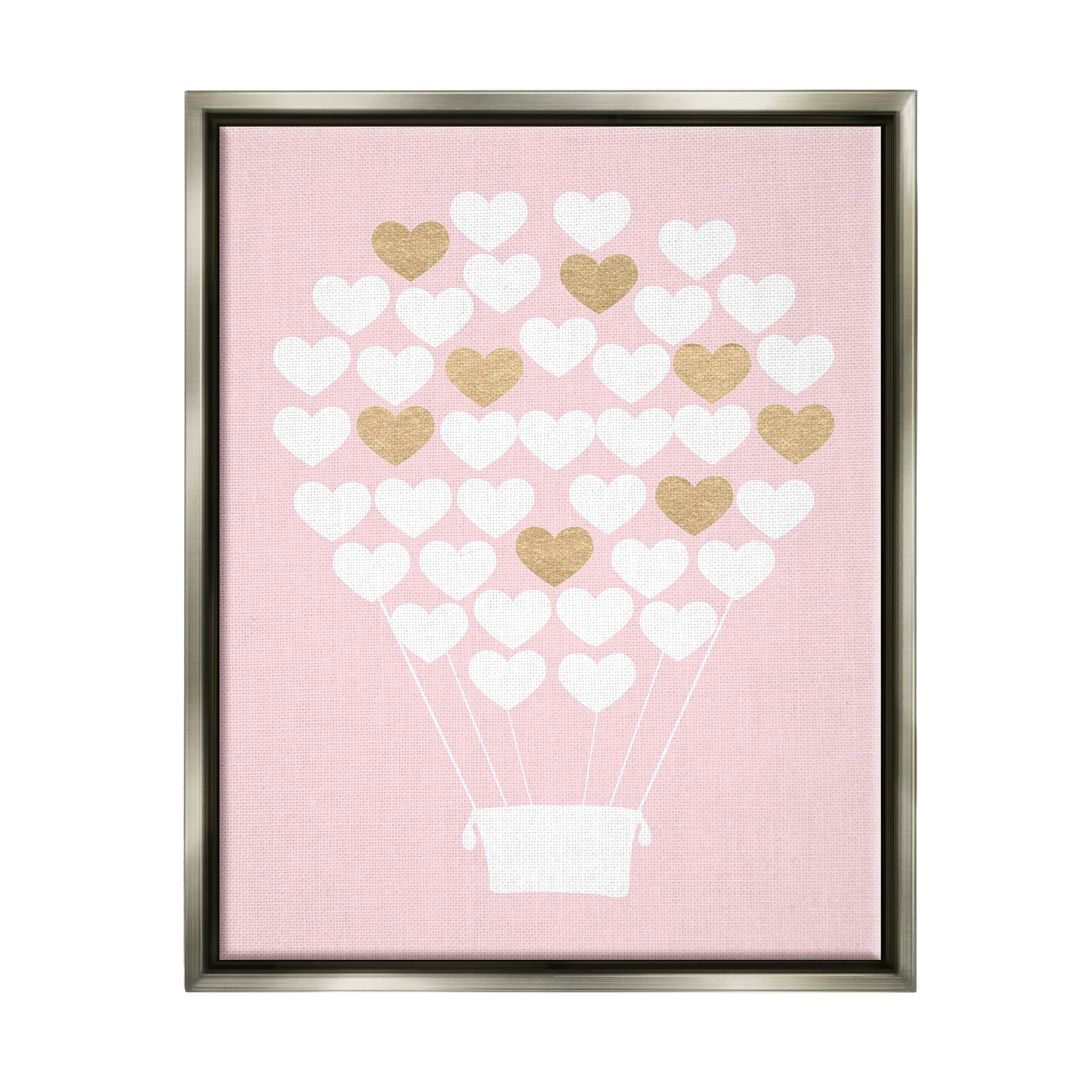 Stupell Industries White Gold Pink Heart Hot Air Balloon Luster Gray Framed Floating Canvas Wall Art, 24x30, by Daphne Polselli