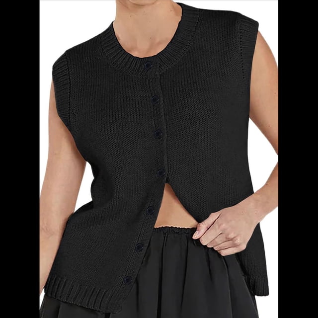 Chaleco Tipo Suéter para Mujer, -Verano 2025, Informal, Ligero, de Punto, Sin Mangas, con Botones, Ropa de Moda. Negro S