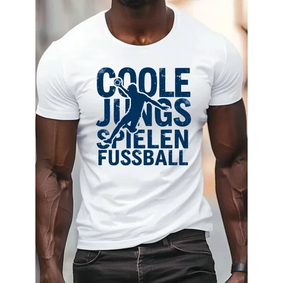 Men'S Soccer Player Graphic Tee - _Coole Jüngspiele_ Funny German Quote, Casual Crew Neck Short Sleeve T-Shirt, Lightweight Summer Top for Sports Fans, White with Blue Print