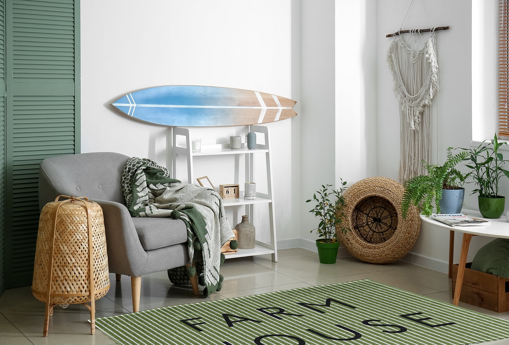 4' x 6' Simply Daisy Farmhouse Ticking Farmhouse Chenille Area Rug, Light Olive Green