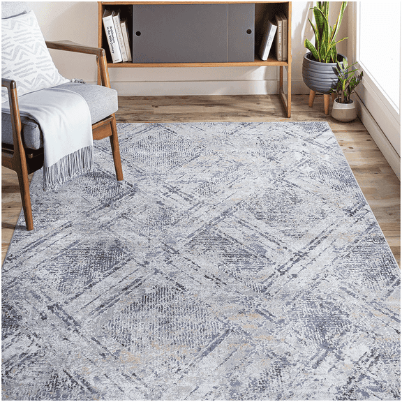 8X10 Blue and Grey Geometric Polyester Area Rug for Living Room Decor
