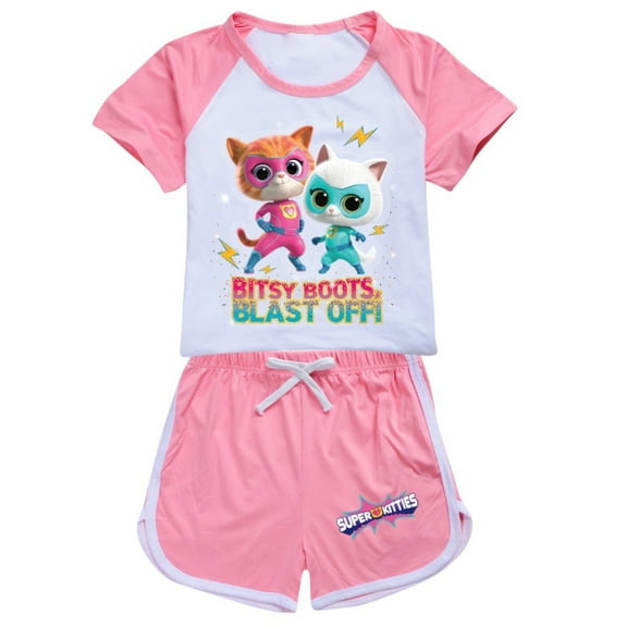 Girls' short sleeved set Super Kitties, children's girls' short sleeved T-shirt shorts sports set, game cartoon fashion casual set, suitable for children aged 3-10