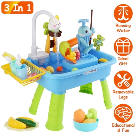TeqHome Water Table Play Sink Toy with Electric Faucet Indoor Outdoor Kitchen with Running Water Fishing Games Kids Water Play Table for Kids Ages 3+ Summer Gifts Blue