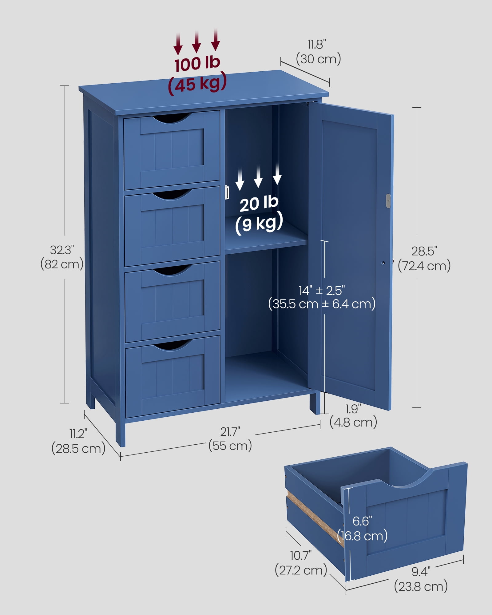VASAGLE Storage Cabinet with Drawers, Freestanding Floor Cabinet with Door, 11.8 x 21.7 x 32.3 Inches, Adjustable Shelf, Bihou Blue