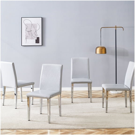 4 Light Gray Upholstered Dining Room Chairs, Metal Leg Dining Set, PU Leather Accent Chairs for Kitchen Table