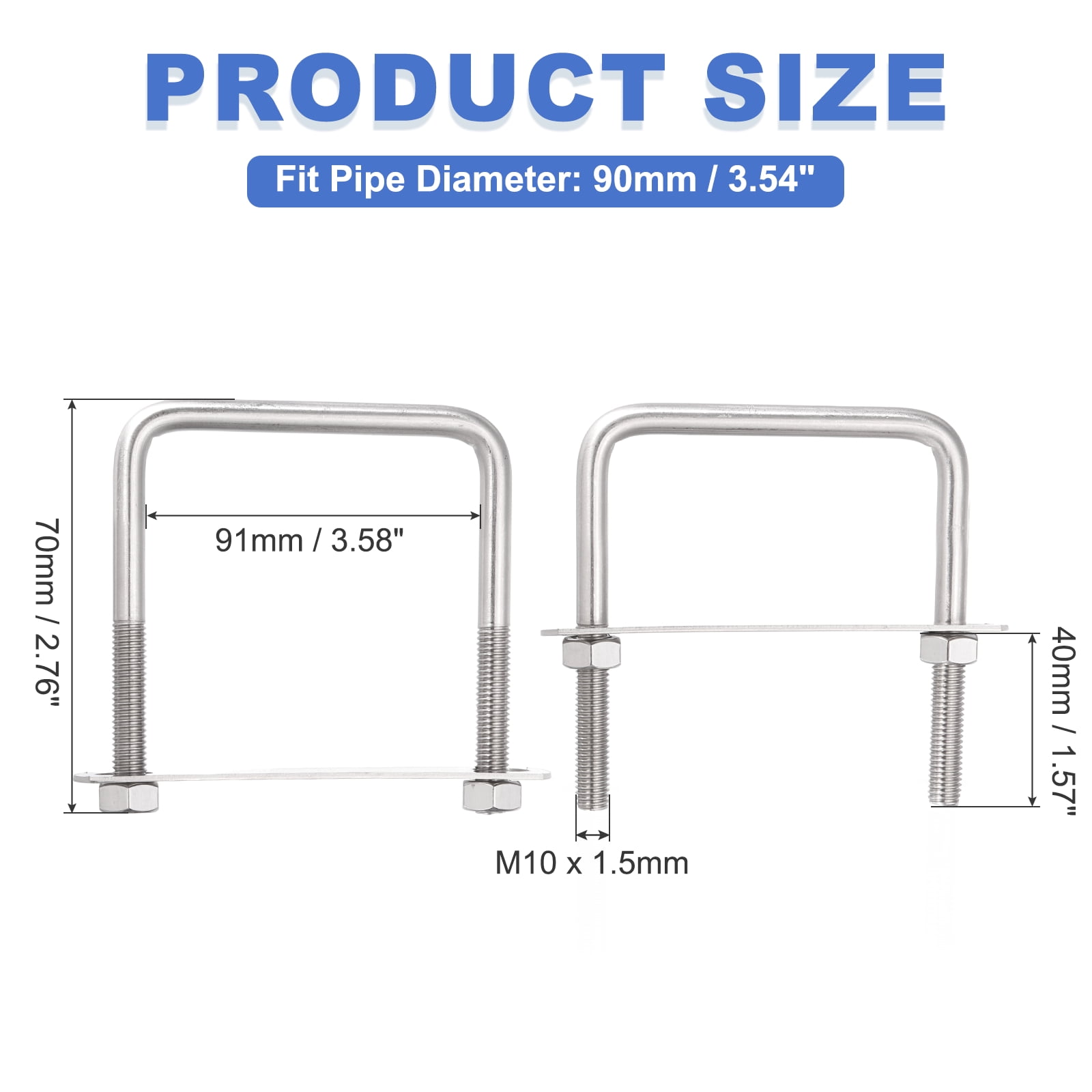 Uxcell 2 Sets M10 Square U-Bolts, 3.58" Inner Width 2.76" Length 304 Stainless Steel U Clamp Bolts with Nuts, Plates and Wrench