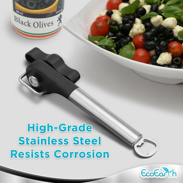 Ecoearth Handheld Smooth Edge Safety Can Opener & Bottle Opener, Black & Silver