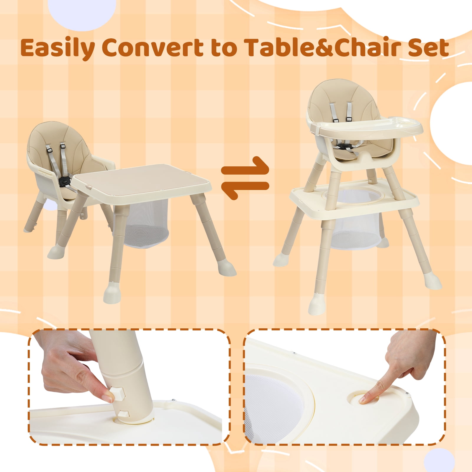 PEXMOR 7 in 1 Convertible Baby High Chair, Leather Cushion Eating Table Chair Set for Babies Toddlers, Beige