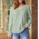 thumbnail image 5 of Camisa de Larga para Mujer, Moda de Otoño, Color Liso, Cuello en V, Camiseta de Larga. Verde XXL, 5 of 6