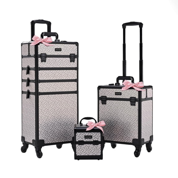 BYOOTIQUE Rolling Makeup Train Case on Wheels 3-Piece Hairdressing Brush Bags Cosmetology Art Deco Graphite