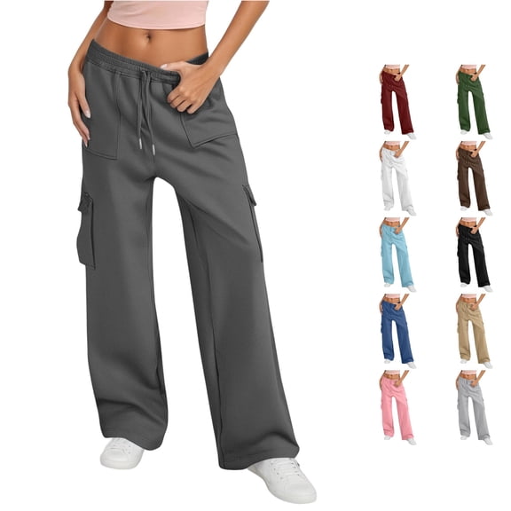 QTSHPN Athleta Pants Women Casual Pants High Waisted Wide Leg Sweatpants Pockets Comfortable Soft Athletic Joggers Everyday Wear Long Womens Pants Dark Gray L
