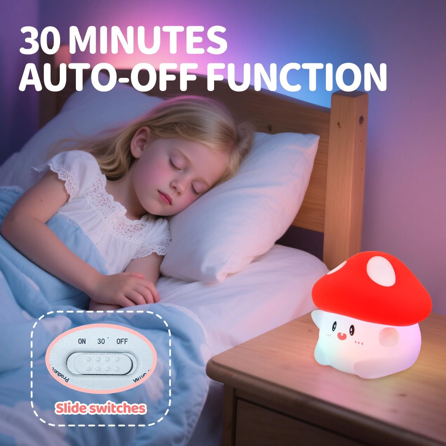 Mushroom Night Light, Color Changing & 50-Hour Battery, Squishy Lamp with Pat Control for Kids Room Decor, USB Rechargeable, Easter Gifts
