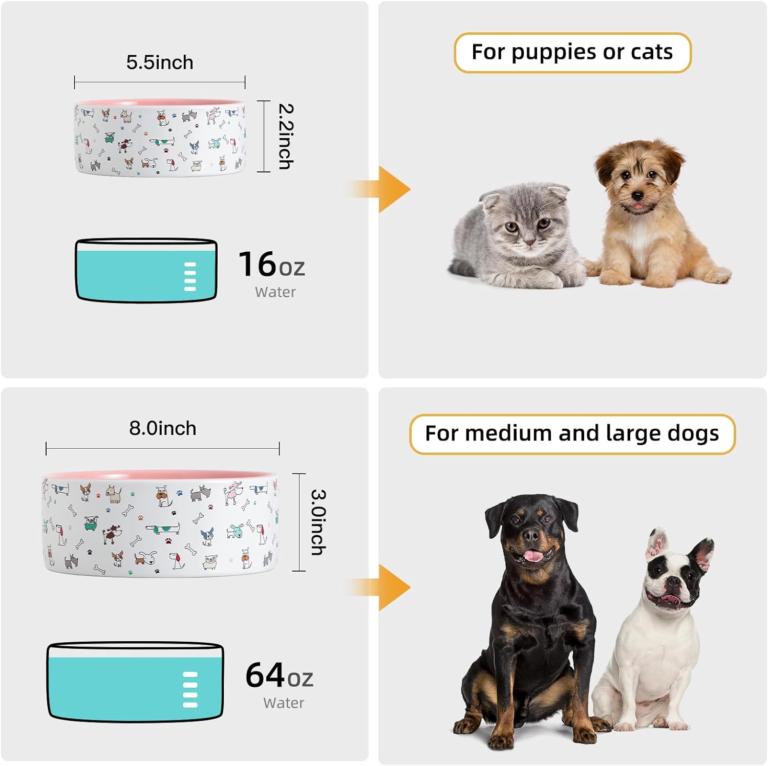 Fun Elements Ceramic Dog Bowls, Dog Bowls Large Sized Dog, 64 Fl Oz Heavy Dog Food Bowls Dog Water Bowl for Medium Dogs with Adorable Dog Patterns (Large,Pink)
